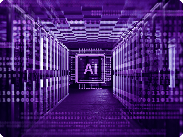 A glowing AI chip at the end of a purple-lit data center aisle