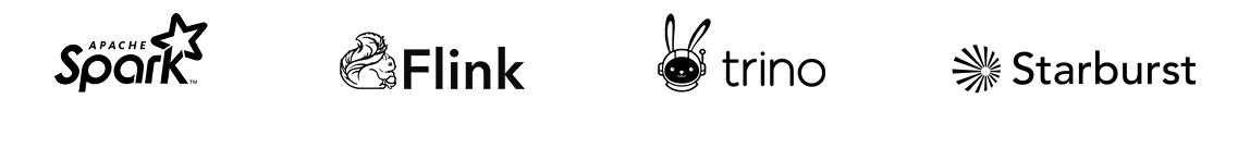 Logos of the engines that write Iceberg tables: Apache Spark, Apache Flink, Trino, and Starburst.