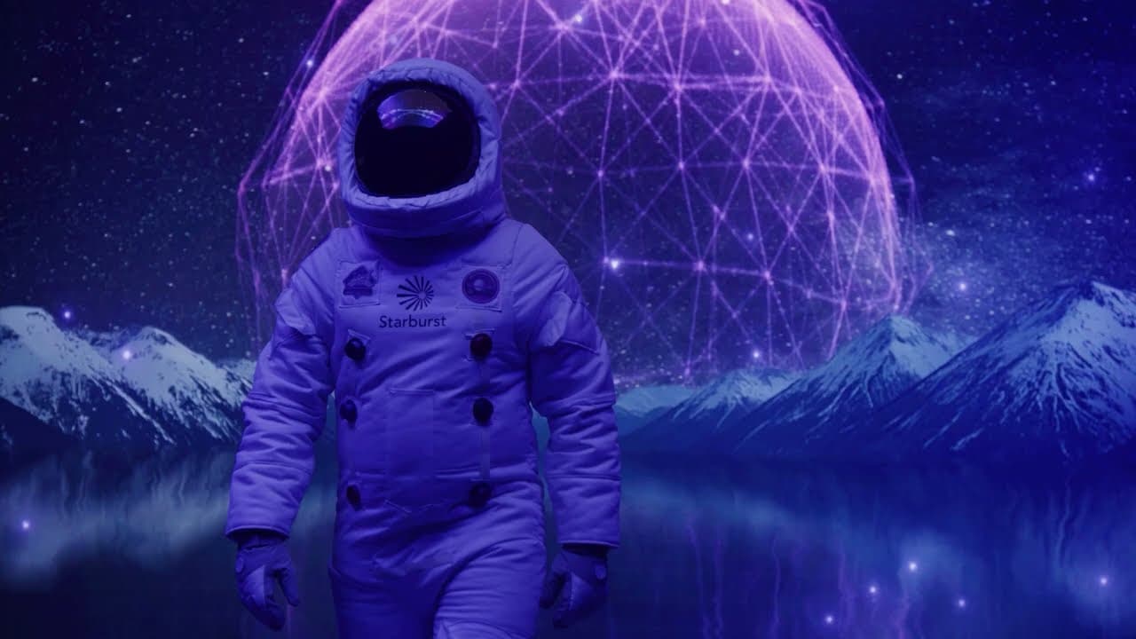 An astronaut in a Starburst spacesuit standing before a glowing network sphere over a mountain lake