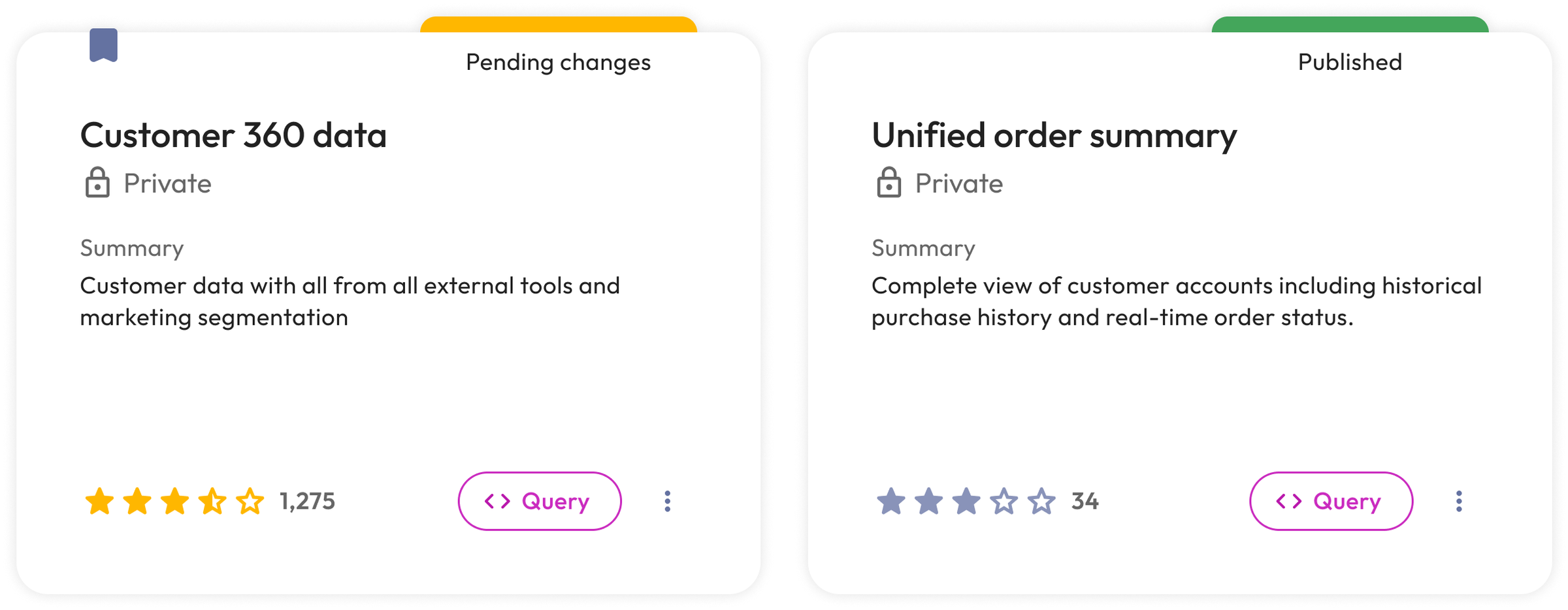 Starburst data product cards showing publish status, ownership, and ratings for certified data products.