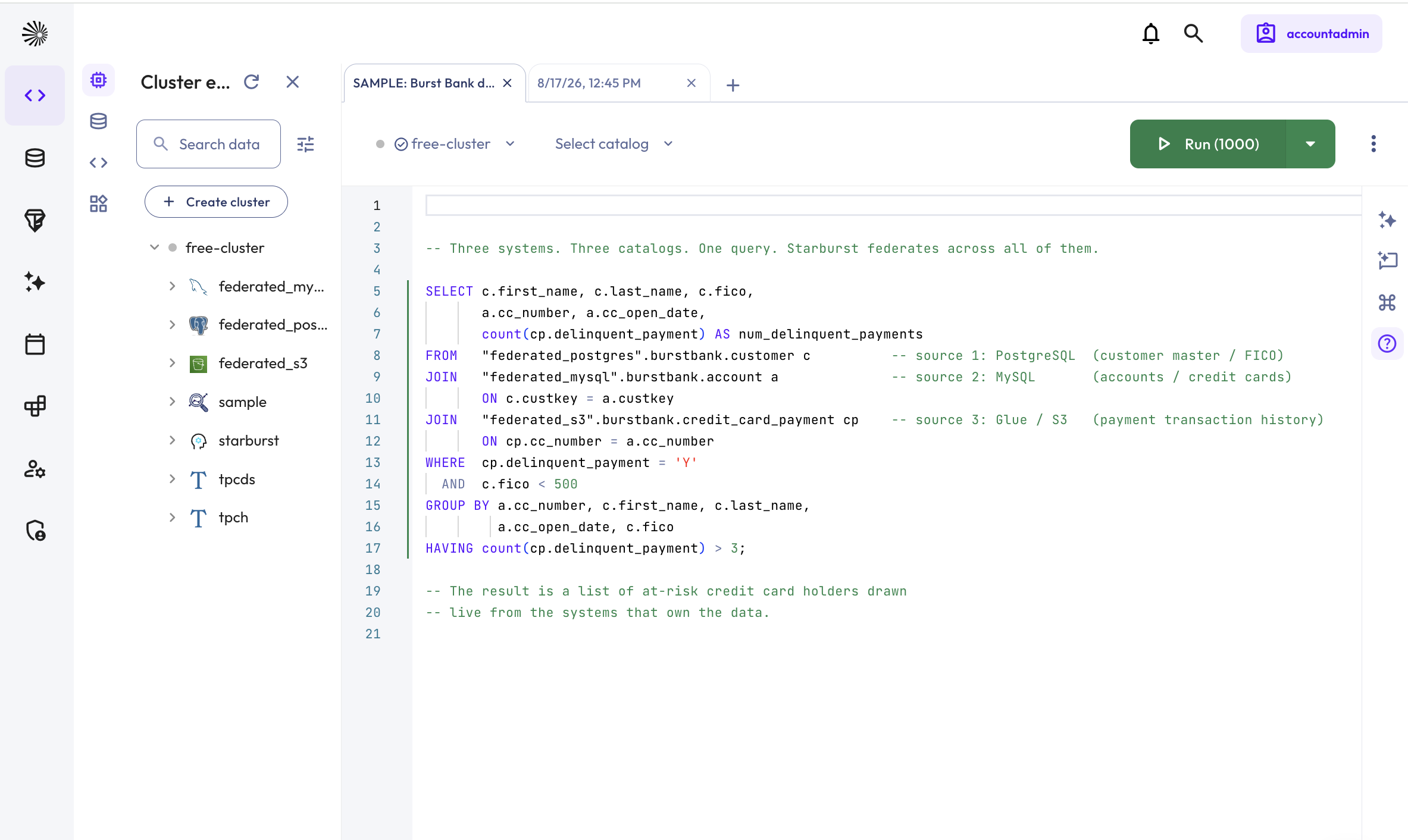 Starburst catalog explorer running a single SQL query that joins federated Postgres and MySQL sources with no copying.