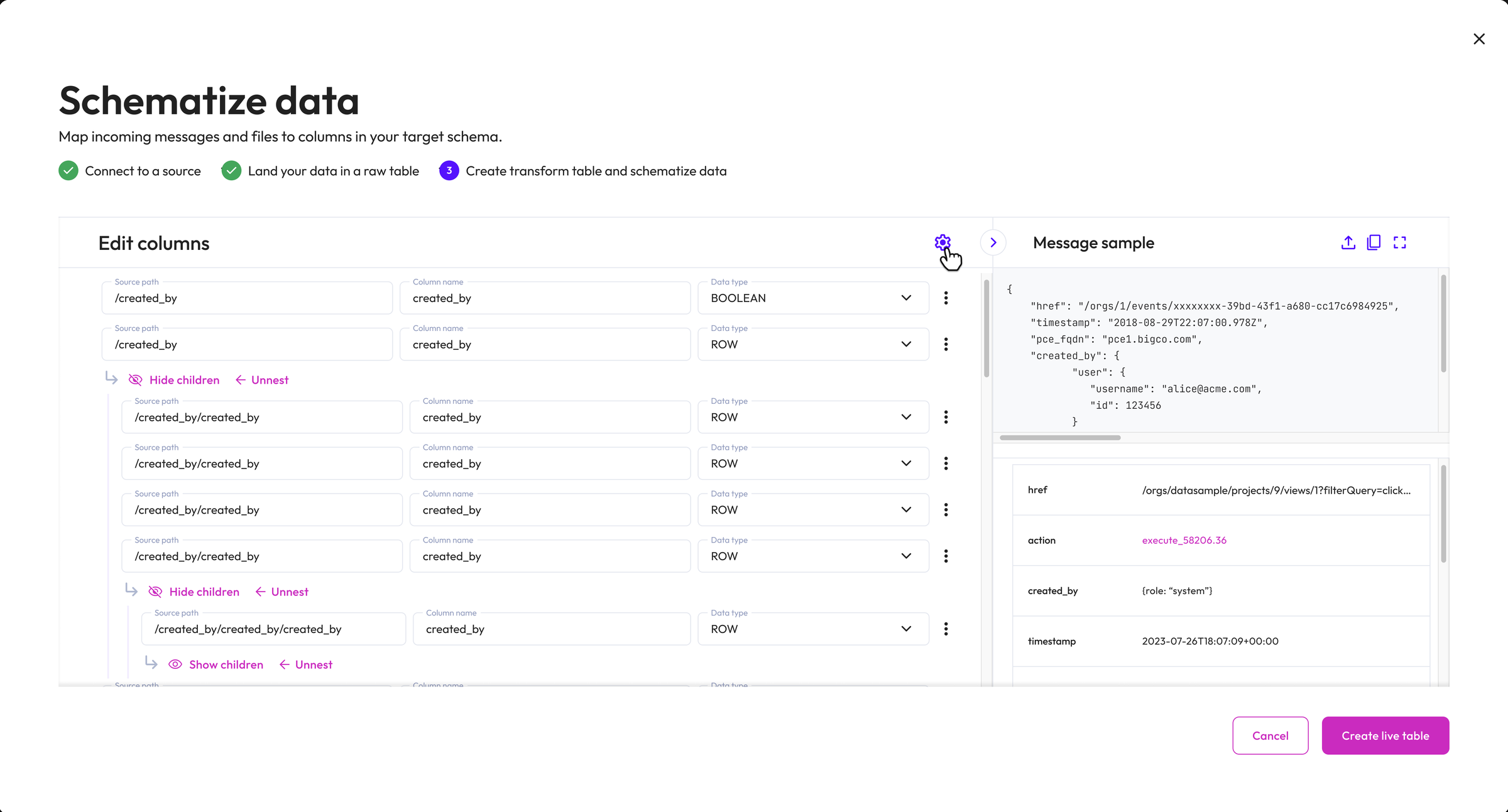 Starburst Icehouse schematize-data screen, mapping incoming messages and files to columns in a target schema.